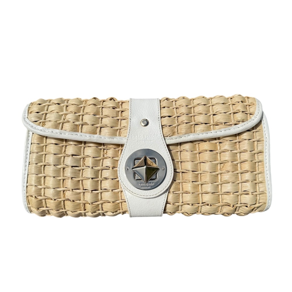 Kate Spade Clutch Bag Leather Trimmed Rafia Beige White New York Straw